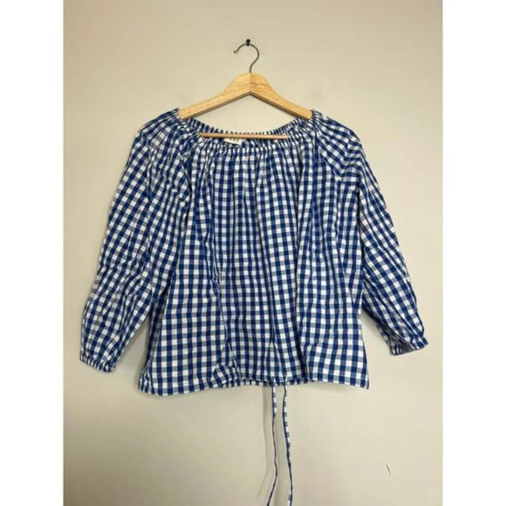 NEW Rhode Luciana Puff Sleeves Self Tie Gingham Plaid Blouse Top Blue Size: S